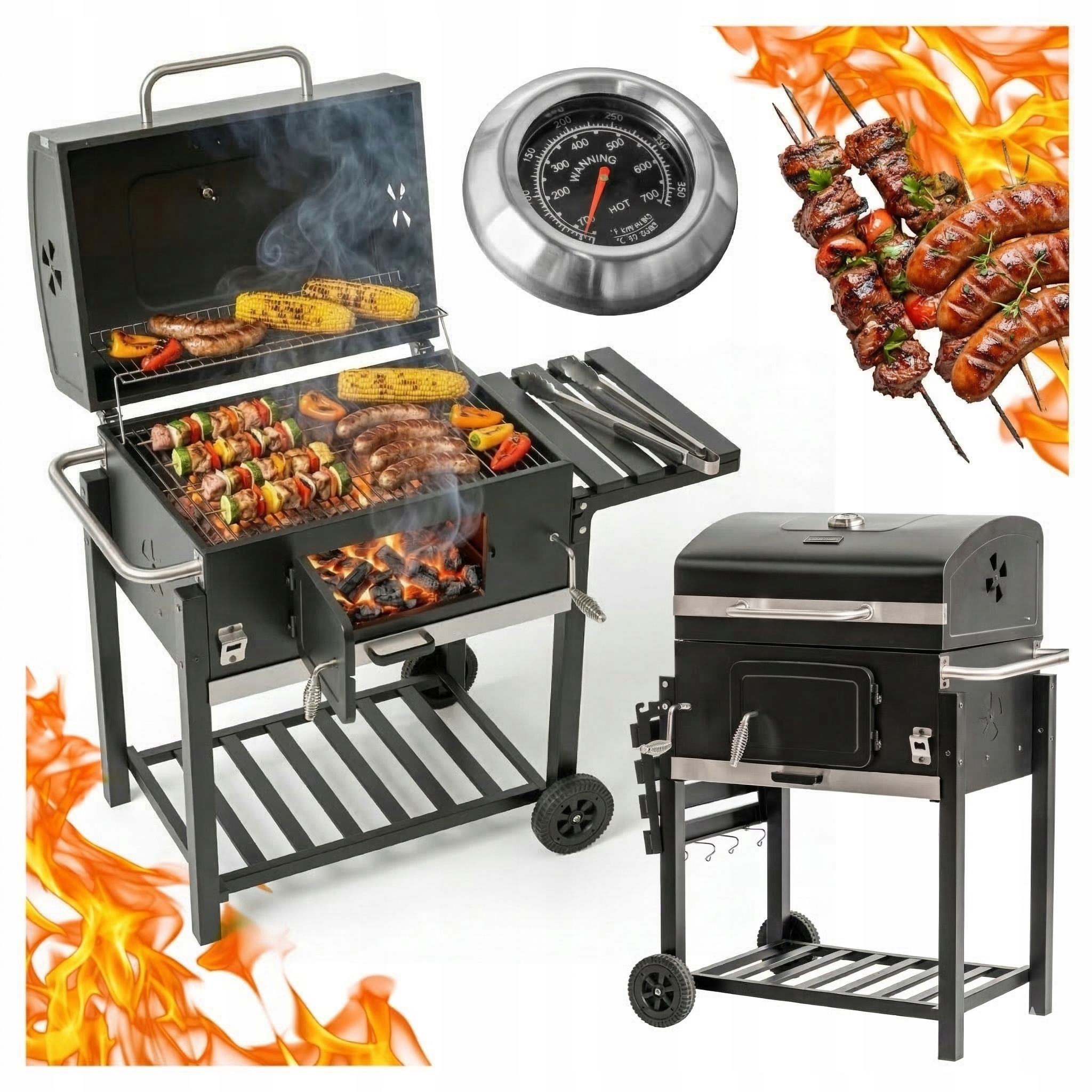 GRILL WĘGLOWY ogrodowy DUŻY XL z pokrywą TERMOMETREM REGULACJĄ RUSZTU